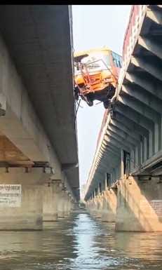 Rampur depot roadways bus hangs after breaking the railing of Brajghat Ganga bridge