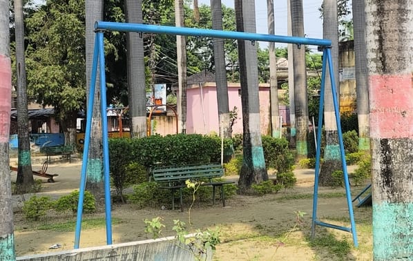 The swing's angles are broken, nuts and bolts are also lying loose, posing a risk to children, responsible people are unaware