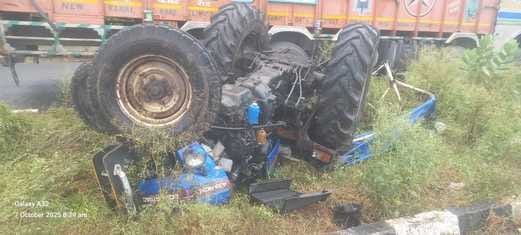 A truck lost control after a tyre burst and collided with a tractor, injuring the driver.