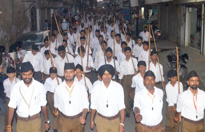 RSS procession echoed with cheers and was welcomed with a shower of flowers.