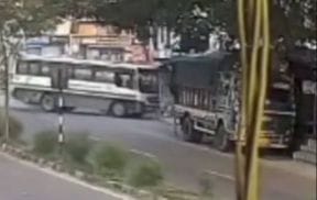 A speeding bus veered off the highway, forcing pedestrians to flee.