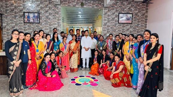 The girl students enthralled the audience with rangoli and devotional songs.
