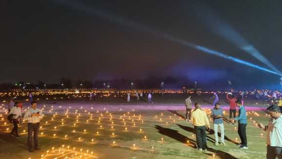 The sports stadium was lit up with lights