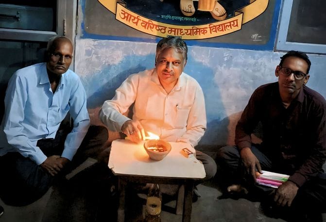 Diwali celebrated by lighting lamps in Arya School