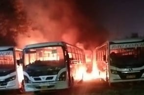 Four buses burnt to ashes due to firecrackers, policeman injured