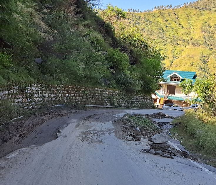 The road connecting three panchayats near the heliport caved in.