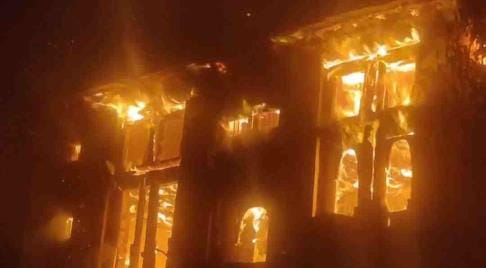 A two-storey house in Balyaun, Thal, caught fire.