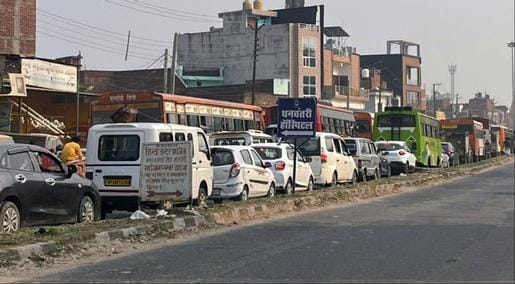 Traffic jams clogged city roads, long traffic jams at toll booths