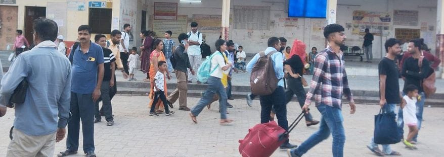 Crowds gathered at the roadways bus stop, silence at the railway station