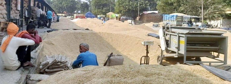 Paddy is piled up in the markets of Banda-Puwaiyan...purchase is not picking up pace.