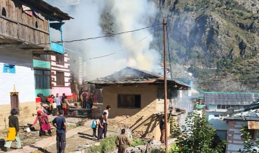 A two-and-a-half-story slate-roofed house in Kalwari village was reduced to ashes.