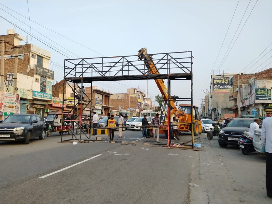 Stage being prepared for marathon, entry of big vehicles closed