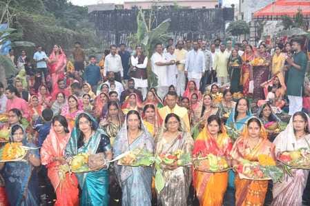 Women offered prayers to the setting sun and sang songs.