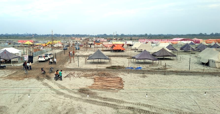 The powerful have taken over the Ganges riverbank and pitched tents.