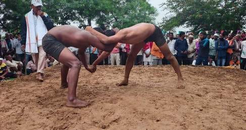 Wrestling with a prize money of ten thousand rupees ended in a draw.