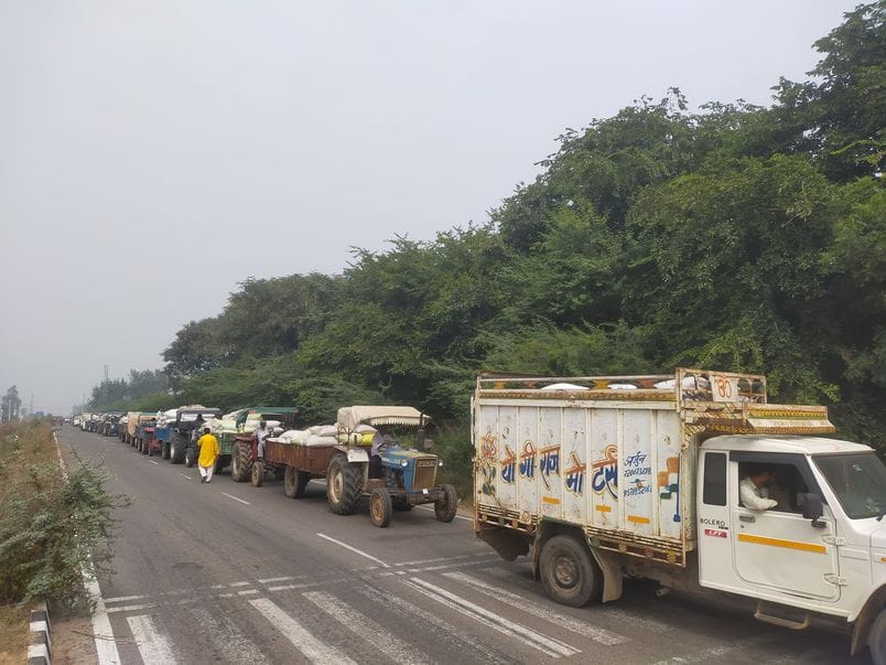A queue of tractor-trolleys loaded with millet stretched for one and a half kilometres.