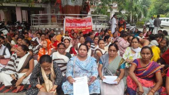 Asha workers staged a protest at the Collectorate over non-payment of wages.