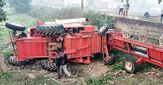 Combine vehicle overturned due to steering failure, three injured