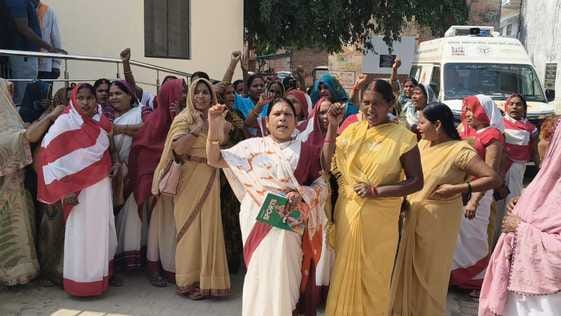 Asha workers and Asha companions staged a sit-in protest.