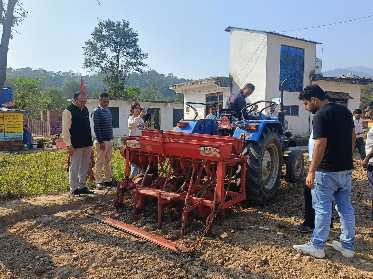 Demonstration of sowing of wheat and peas using seed drill