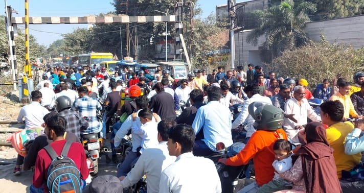 People struggled with traffic jam at Jaitra gate throughout the day