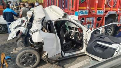 A car that collided with a truck was hit from behind by a roadways bus, 4 seriously injured.