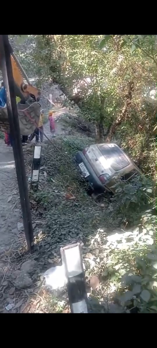 Brake failure causes car to fall off road, get stuck on tree