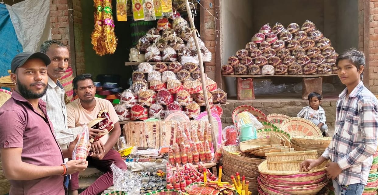 Shops filled with wedding paraphernalia, including turban and jaimala