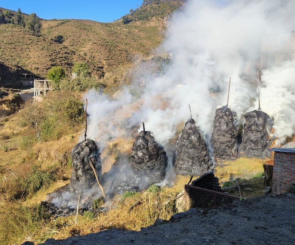 Six bundles of grass burned in a fire in Raikot Maher village.