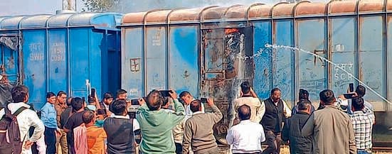 A freight train wagon caught fire.