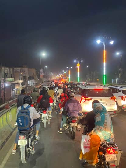 Traffic jam at the railway overbridge in Gajraula, long queues of vehicles