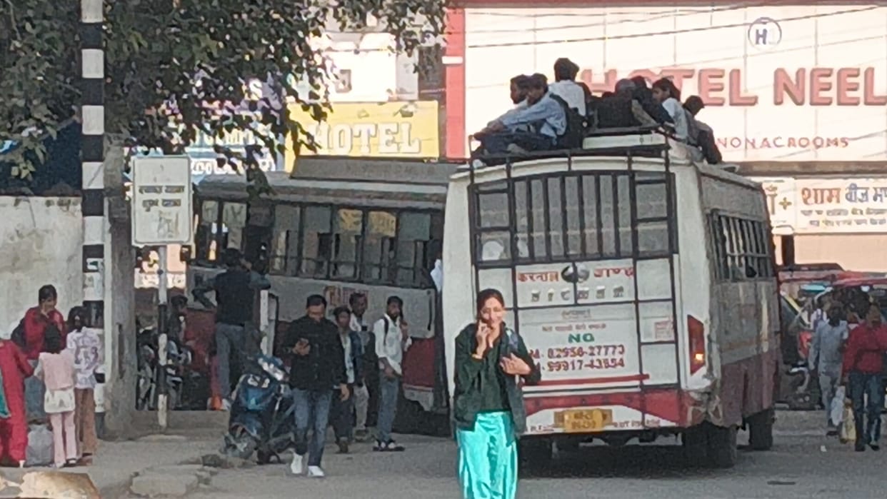 Traveling on the roof of the bus