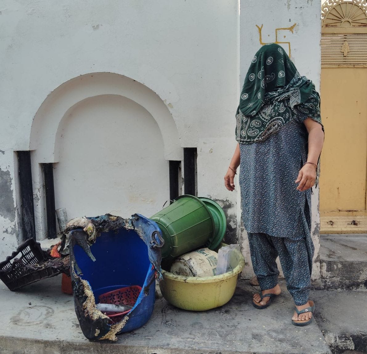 Wedding items burnt in a fire at the Sarpanch's house.