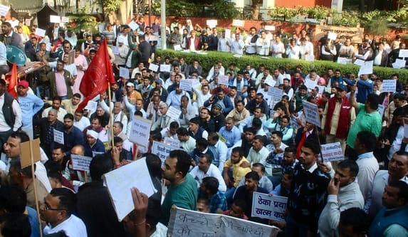 Thousands of workers gathered at Yavanika Park, calling the bill anti-farmer, anti-consumer, anti-employee.