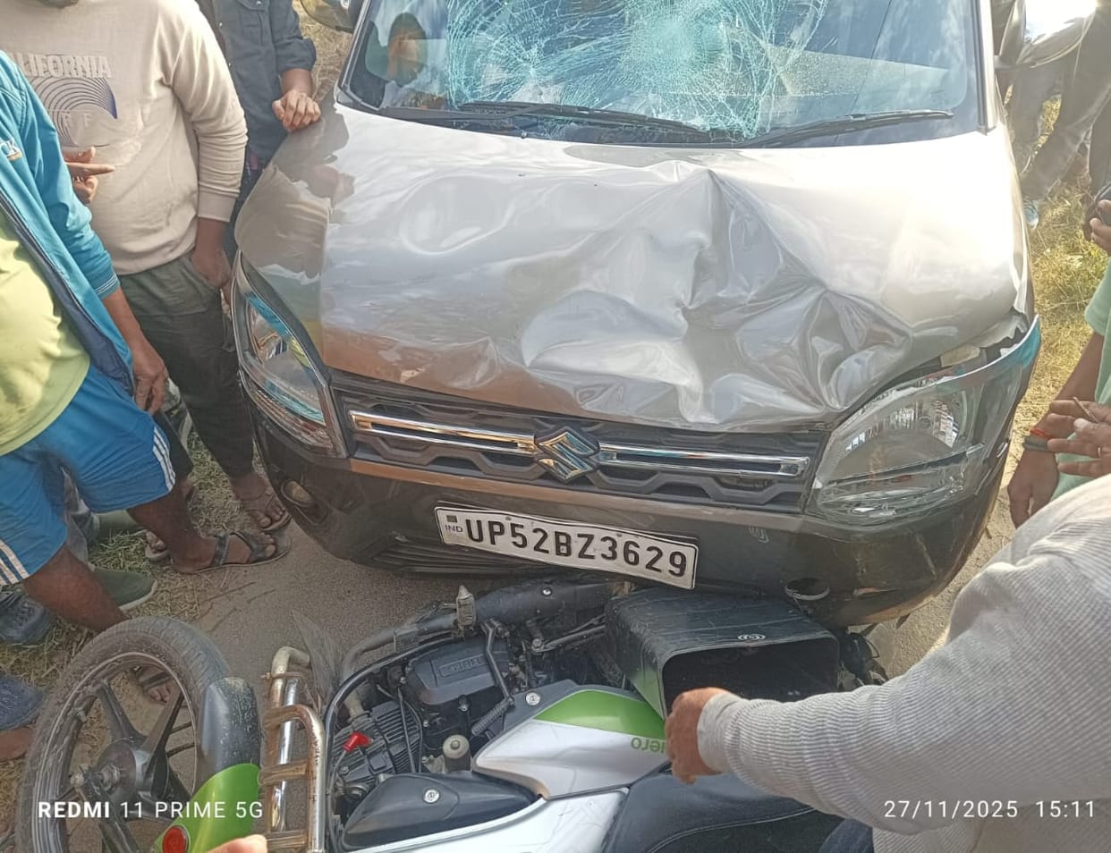 After the collision, the bike kept dragging after getting stuck in the car.