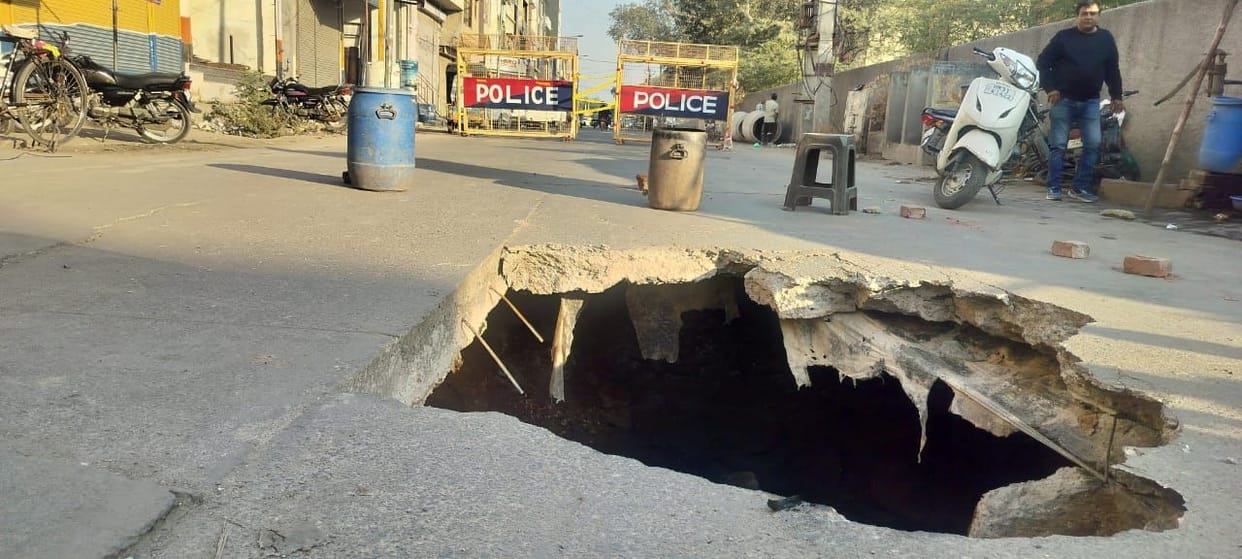 The CC road built eight months ago caved in, causing problems for pedestrians.