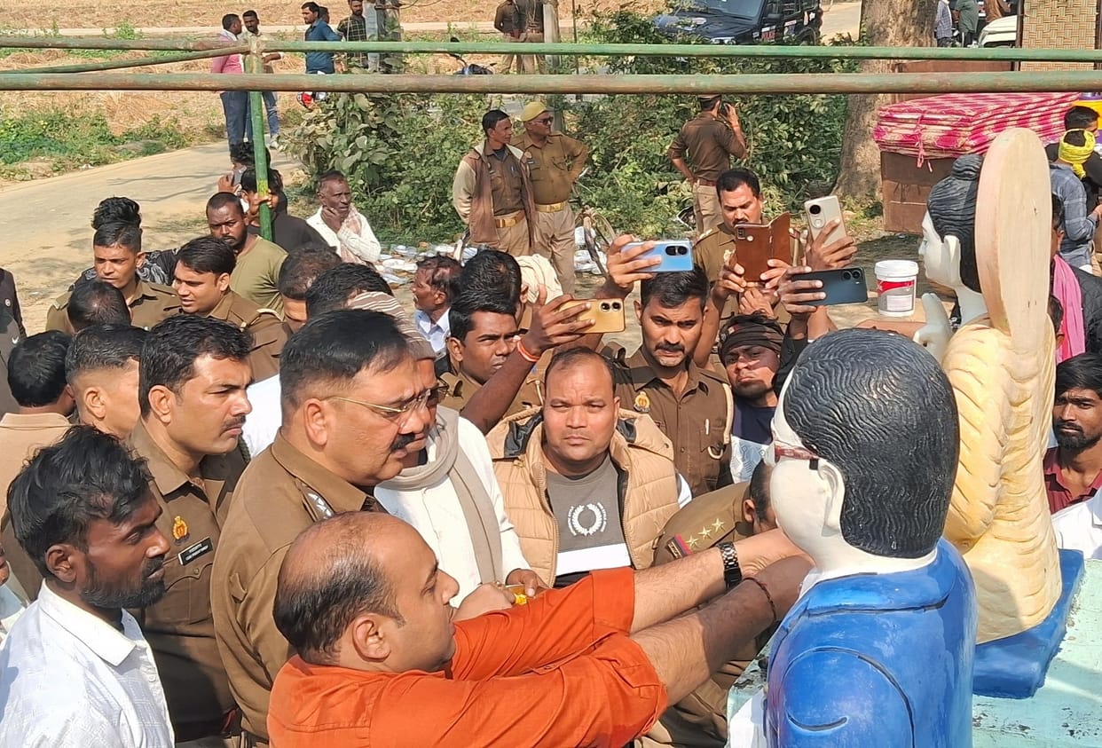 Anarchic elements tried to damage the statue of Baba Saheb.