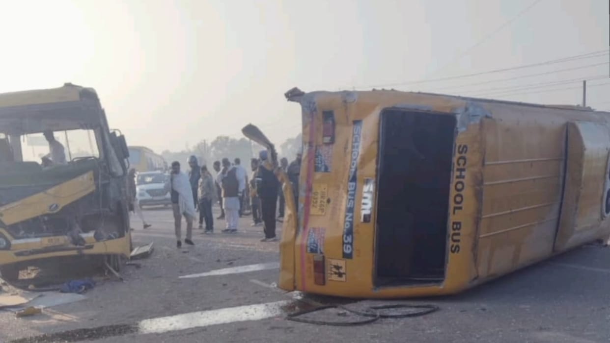 In Rohtak, a speeding bus rear-ended another school bus, causing it to overturn on the roadside, injuring six children.