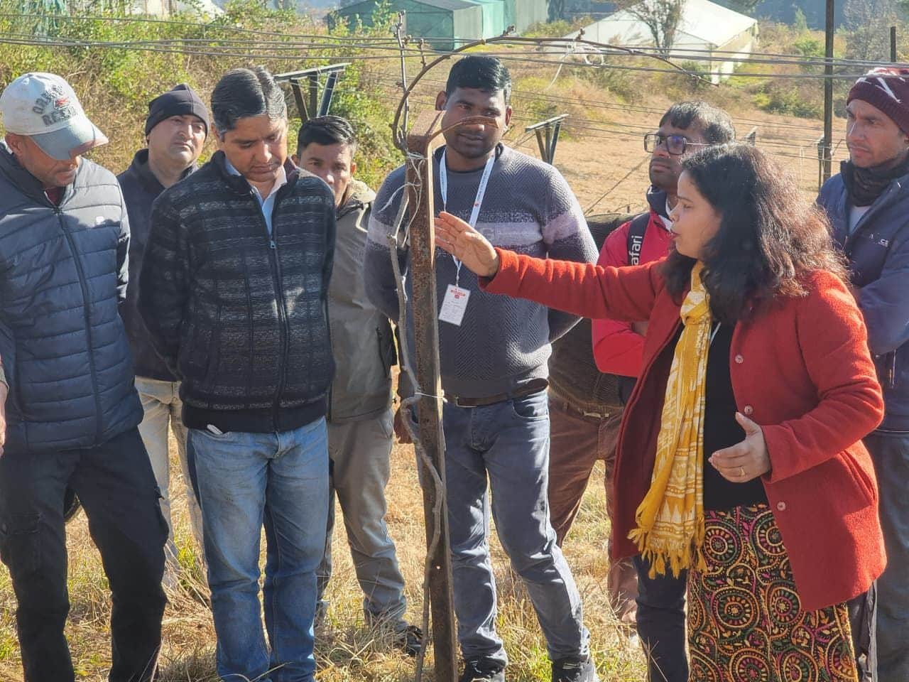कृषि विज्ञान केंद्र लोहाघाट में किसानों को कीवी की खेती की जानकारी देती केंद्र की वैज्ञानिक डॉ