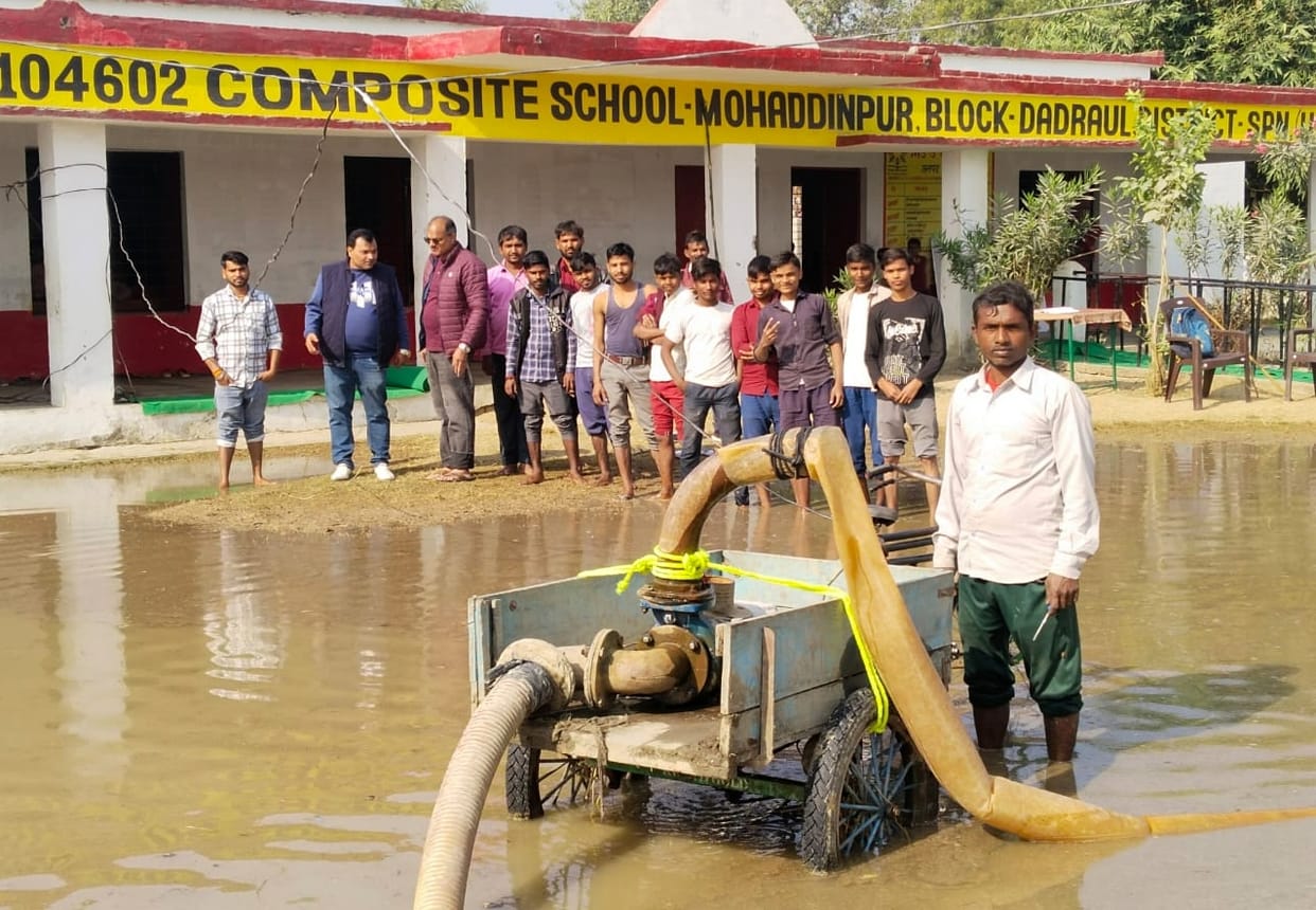 Canal water has flooded the premises of Mohiddinpur Composite School.