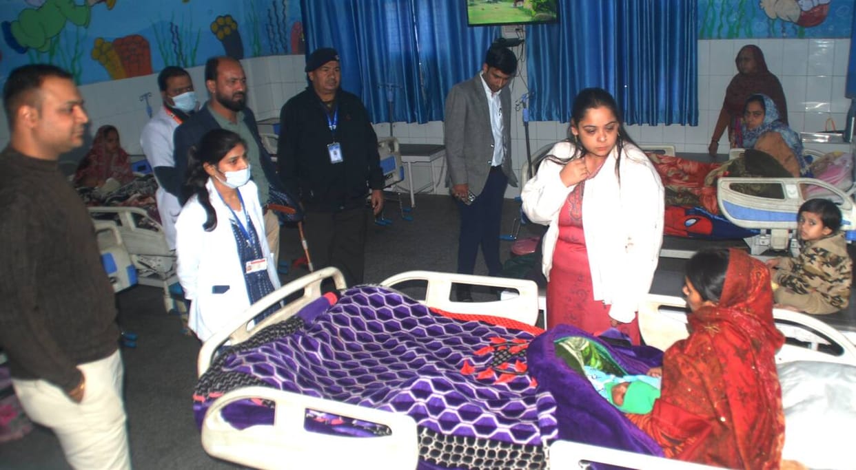 The drum team inspected the district hospital.