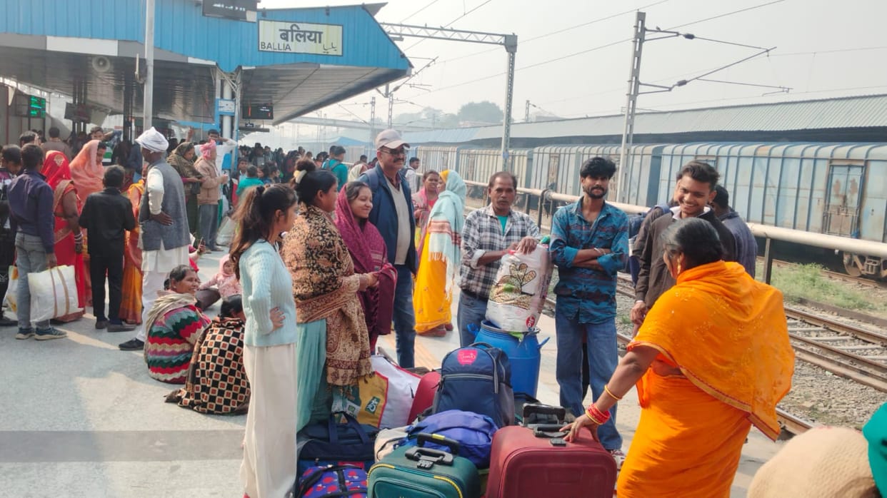 Cancellation of flights has led to increased crowds at railway stations.