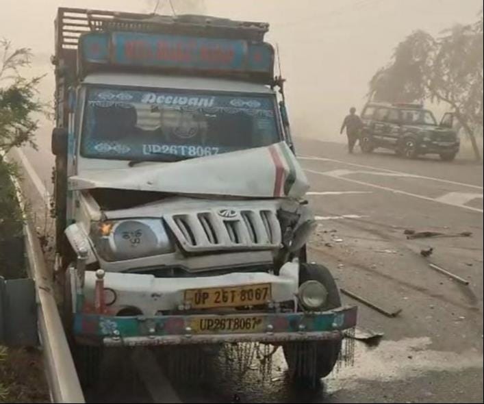 Three pickup trucks collided in the fog, one driver died and one was injured.