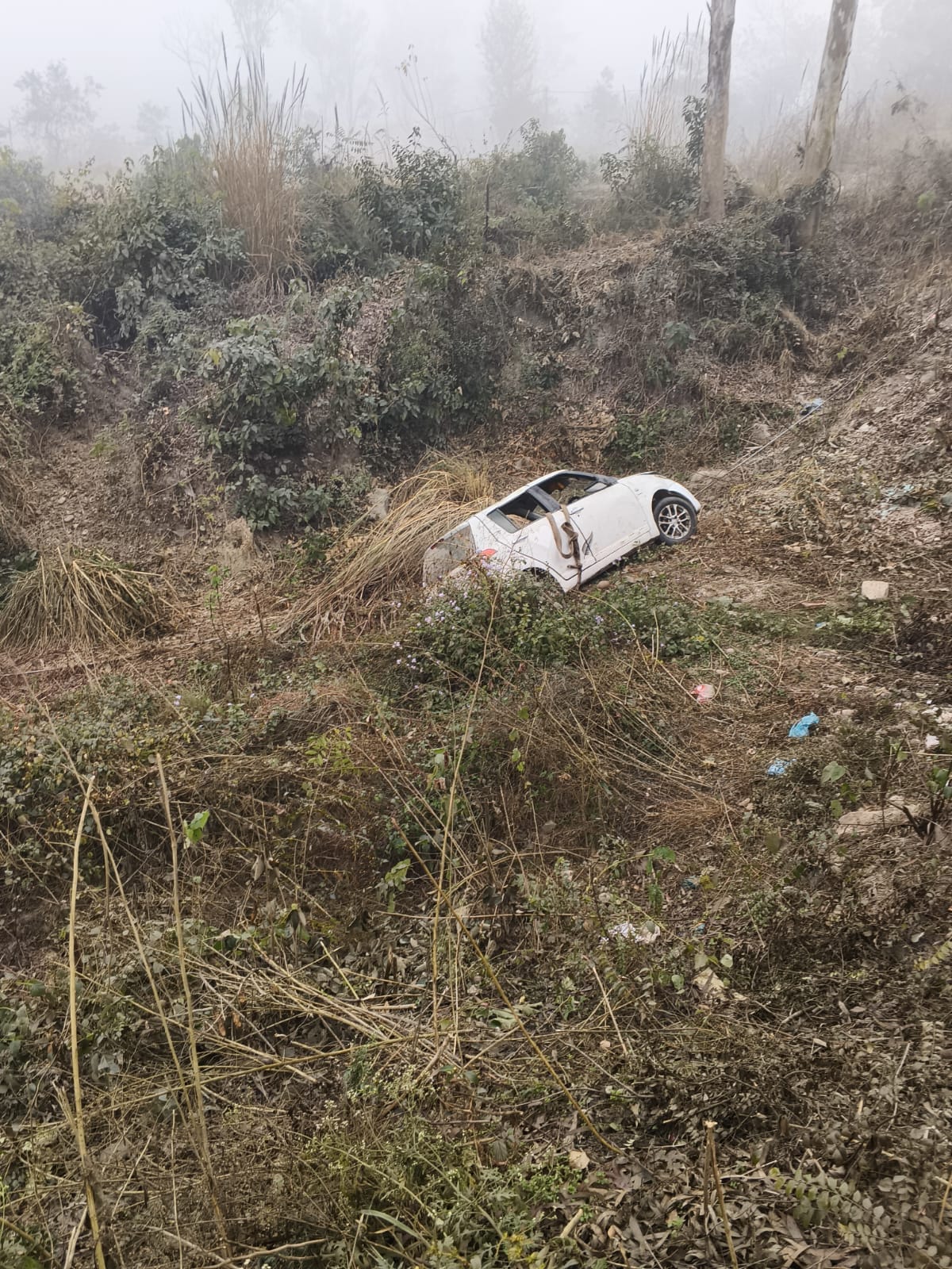 A car fell into a deep ditch near Bhallu bridge, the driver narrowly escaped.