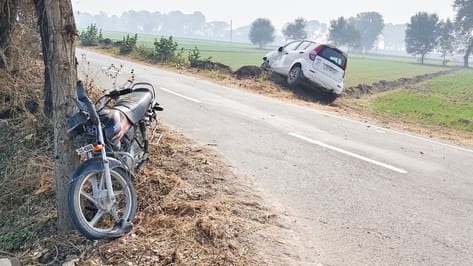 A massive collision between a car and a bike on Hasanga-Nadhori road, the bike rider seriously injured