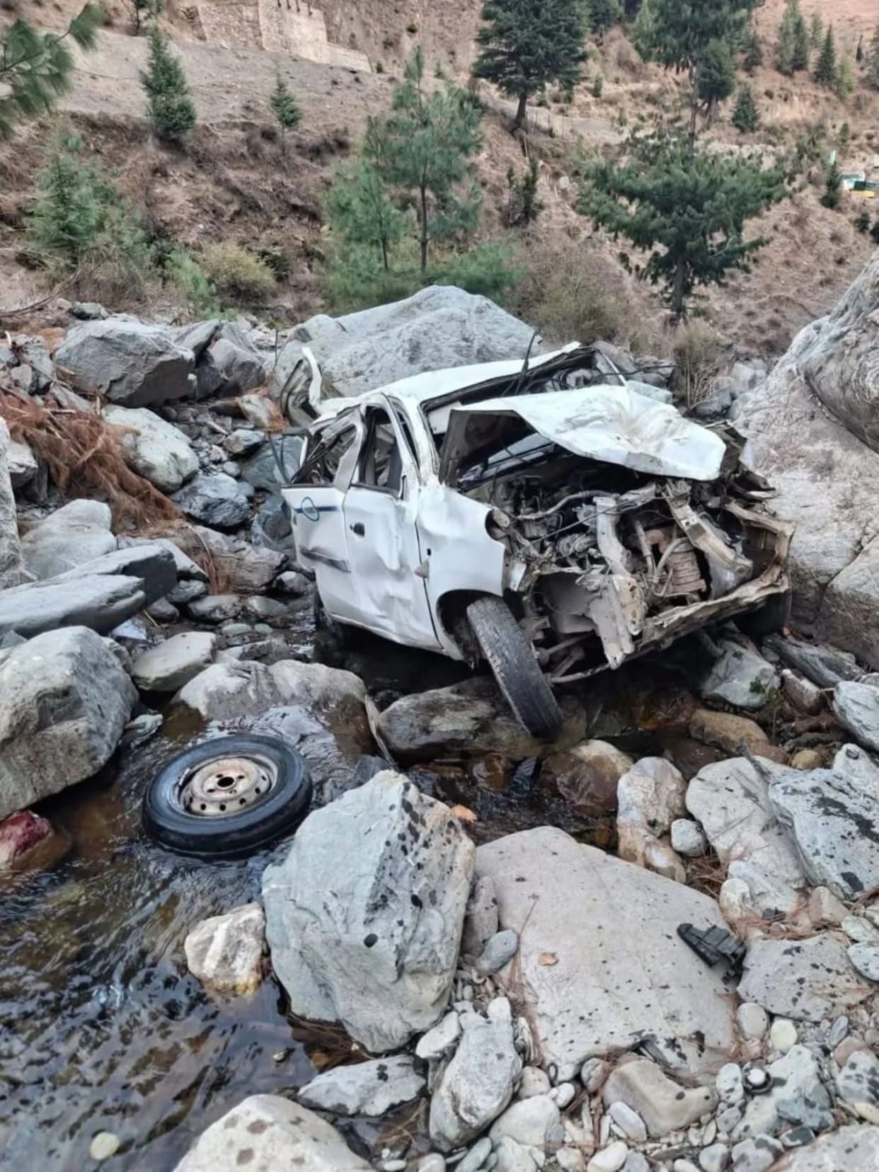 Two people died and two were injured when a car fell into a ditch on the Thaloan-Bhaderwah road.