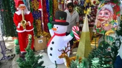 The market is abuzz with decorated Christmas trees