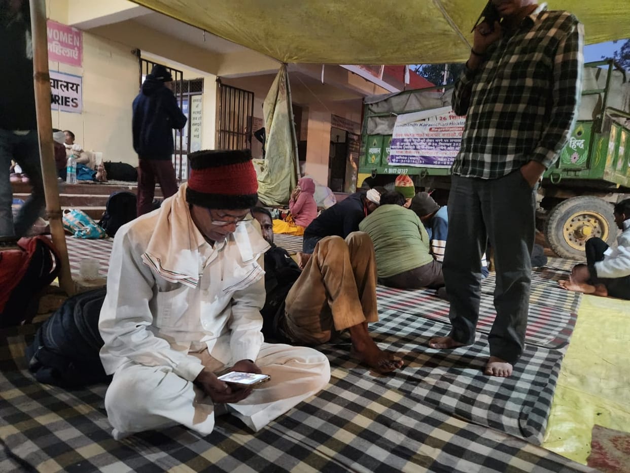 After two days in police custody, PGI contract workers staged a sit-in protest at Keshav Park.
