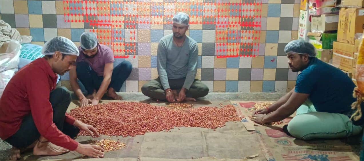 07...शहर की दुर्गा काॅलोनी में गज्जक बनाने के लिए मूंगफली का छिलका उतारते कारीगर। संवाद