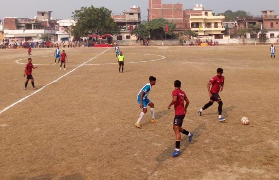 Players playing a football match on Sunday at Lalganj Baiswara Inter College campus
